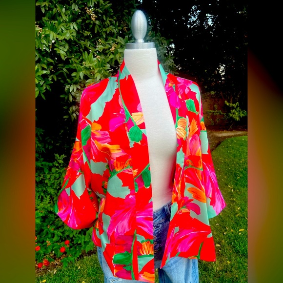 Chico's Vibrant Floral Kimono Jacket - Red and Green - Picture 1 of 6